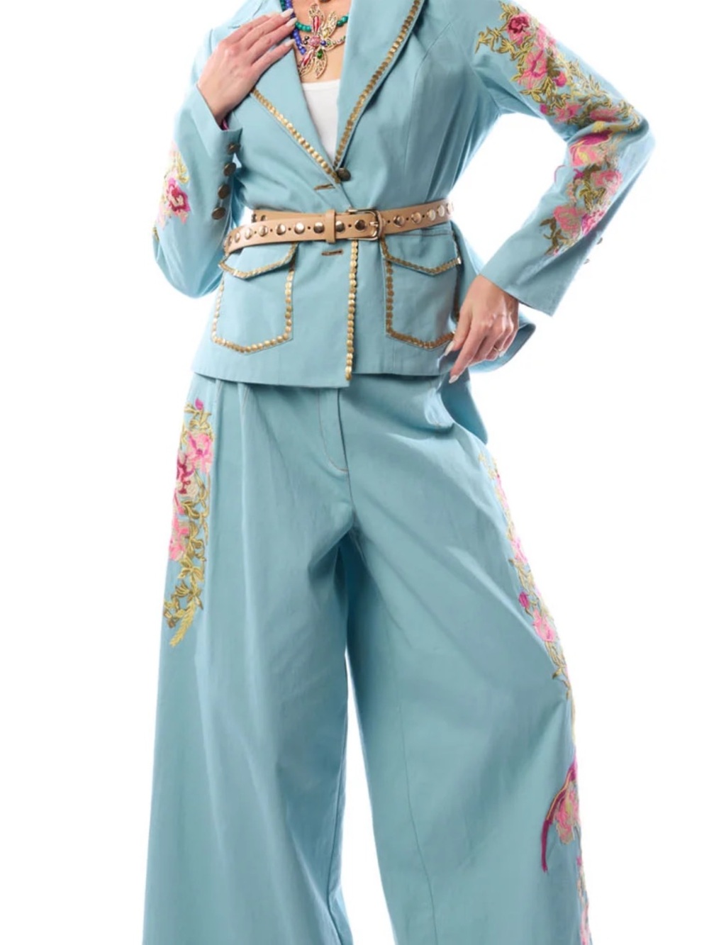 Aratta Sky Blue Wide-Leg Pants with Pink & Gold Embroidered Floral Panel./ shine